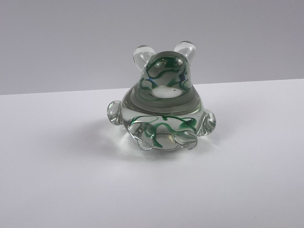VINTAGE GLASS ART FROG PAPERWEIGHT CLEAR GREEN SWIRL (Possibly Enesco)